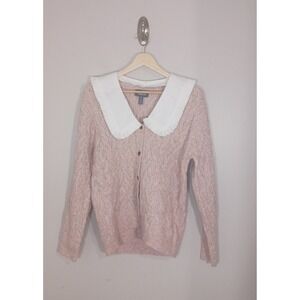 Modcloth Cardigan Sweater Peter Pan White Ruffle Collar Women's Size M Cozy